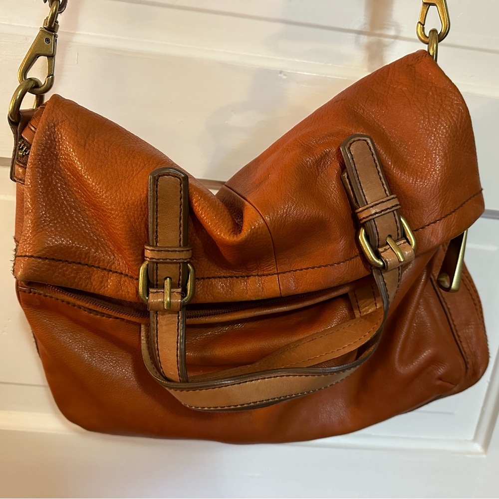 Fossil leather purse, convertible as 2 handled deep bag or foldover shoulder bag